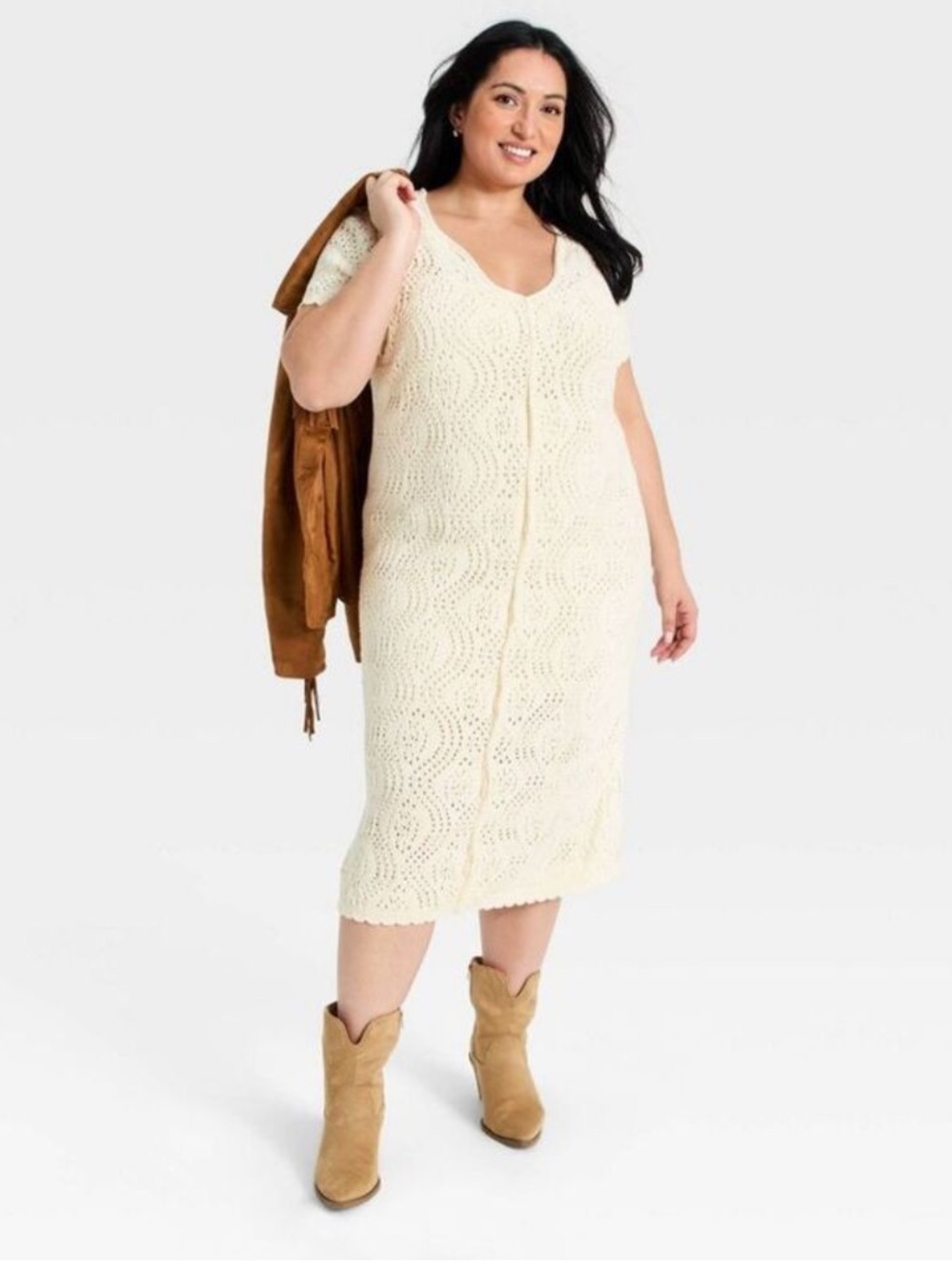 NWT Universal Thread Cream Crochet V-Neck Midi Dress Size Large